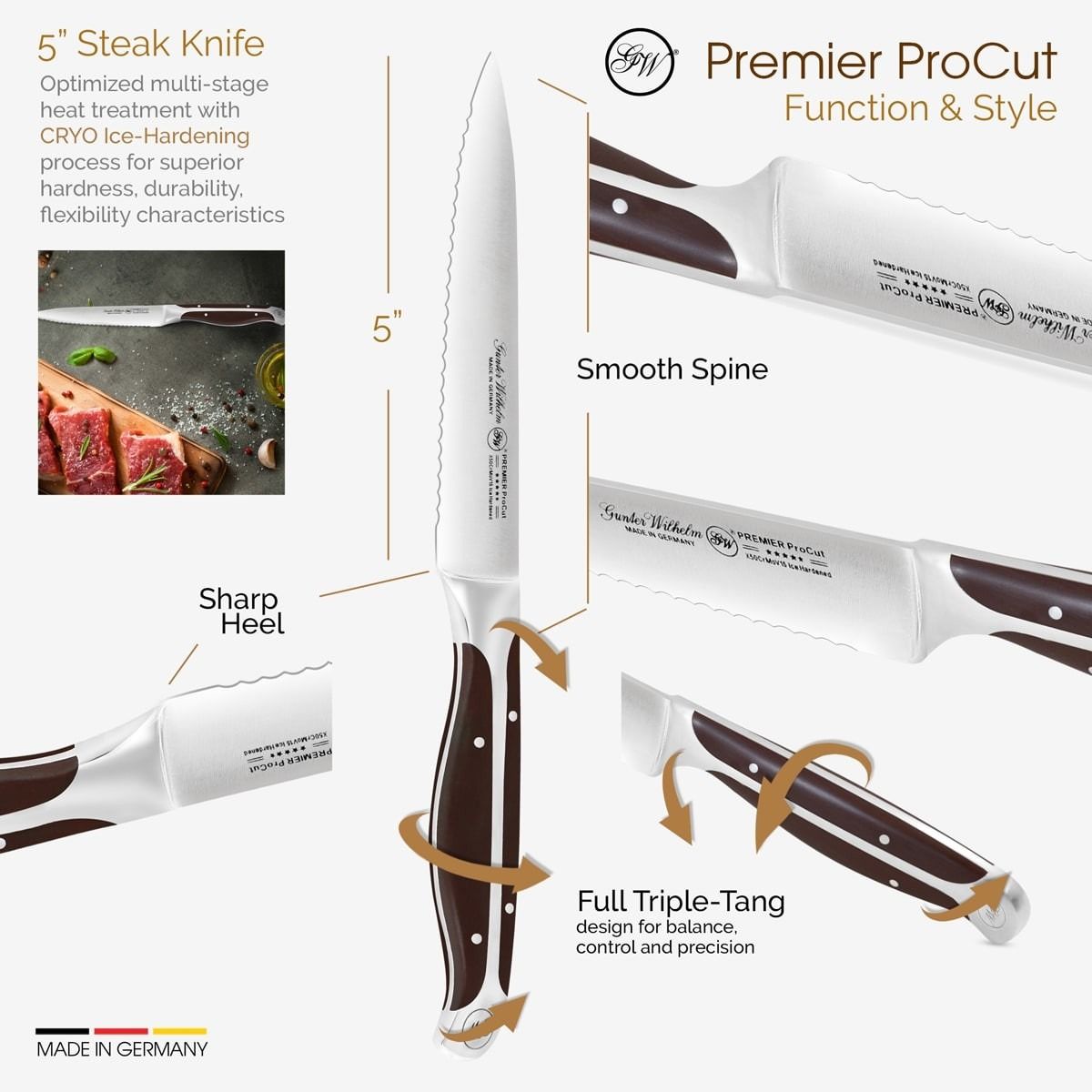 Gunter Wilhelm Thunder Utility/Steak Knife Serrated, 5 Inch | Dark Brown ABS Handle SKU: 30-313-1105